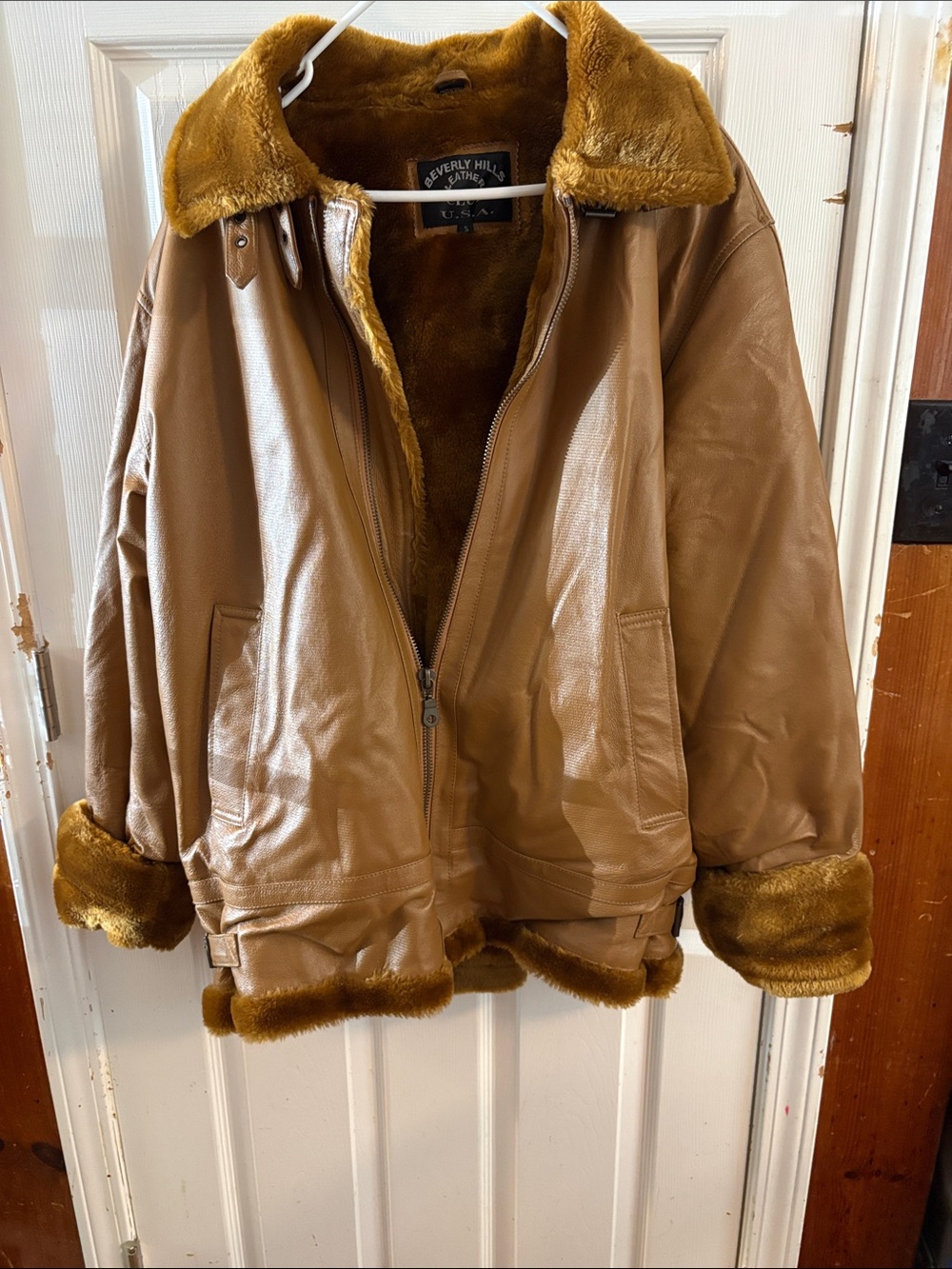 Tan BEVERLY HILLS LEATHER CLUB Shearling Leather Bomber Jacket SZ Small Lined